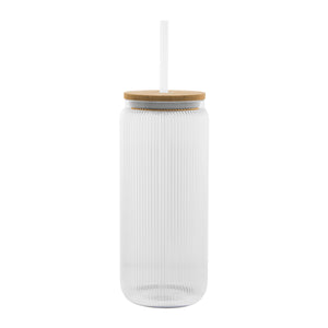 20 Oz. Ribbed Glass Can with Bamboo Lid - Clear