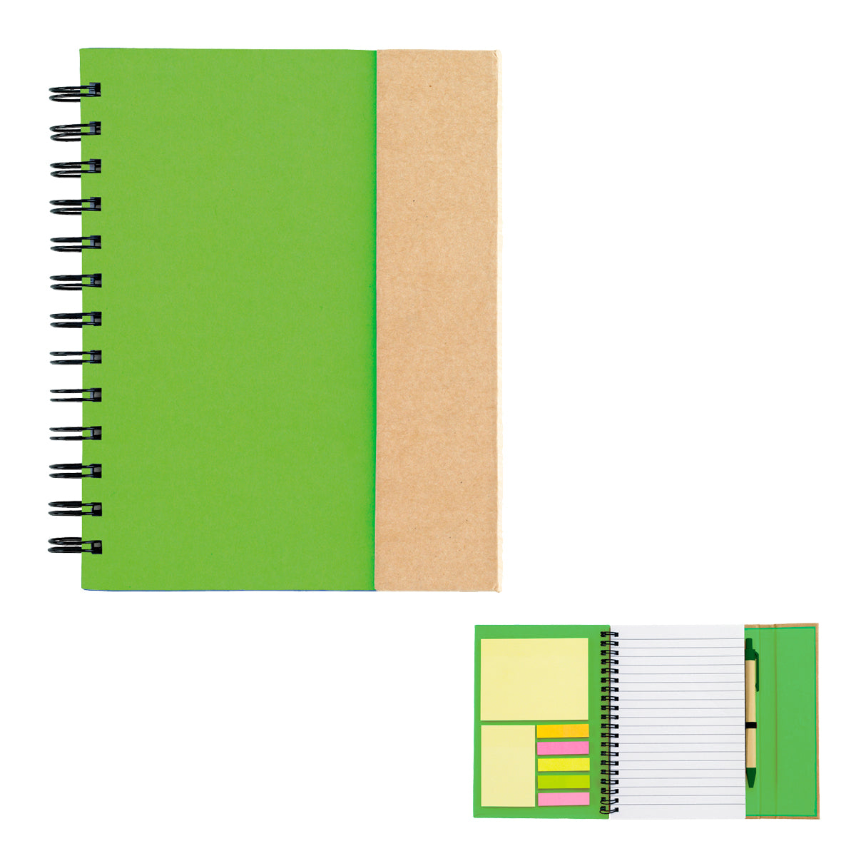 Spiral Notebook With Sticky Notes And Flags - Natural With Green