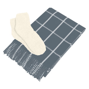 Charleston Throw & Fuzzy Socks Set - Charcoal With White/Ivory