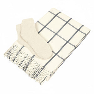 Charleston Throw & Fuzzy Socks Set - White With Gray/Ivory