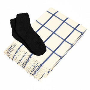 Charleston Throw & Fuzzy Socks Set - White With Navy Blue/Black
