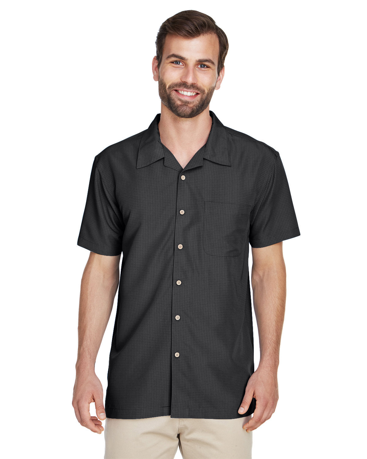 Harriton Men's Barbados Textured Camp Shirt - Black