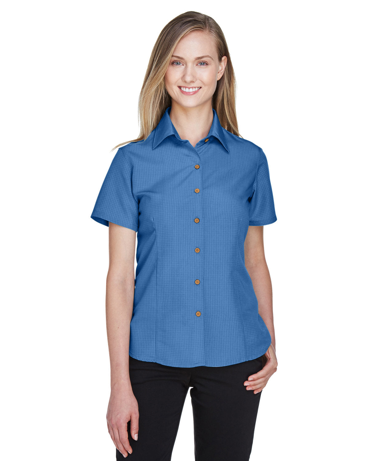Harriton Ladies' Barbados Textured Camp Shirt - Pool Blue