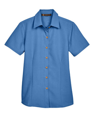 Harriton Ladies' Barbados Textured Camp Shirt - Pool Blue
