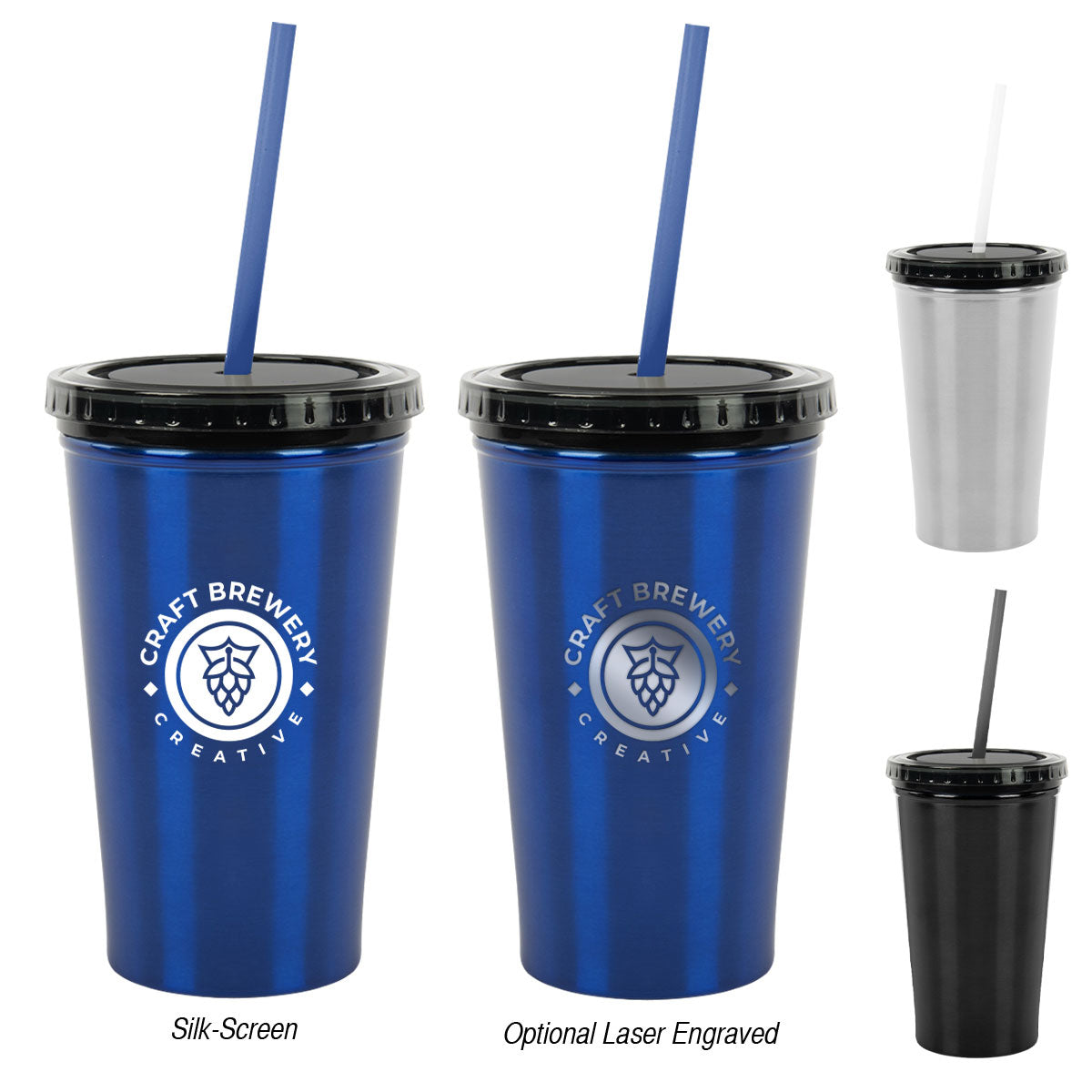 16 Oz. Stainless Steel Double Wall Tumbler With Straw