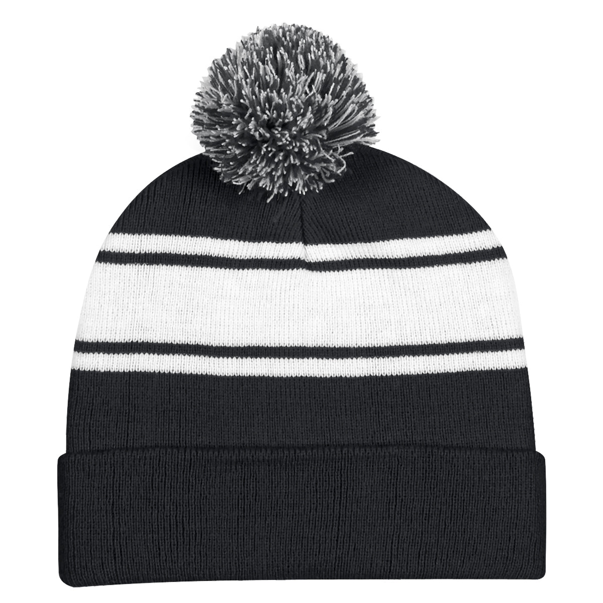 Two-Tone Knit Pom Beanie With Cuff - Black