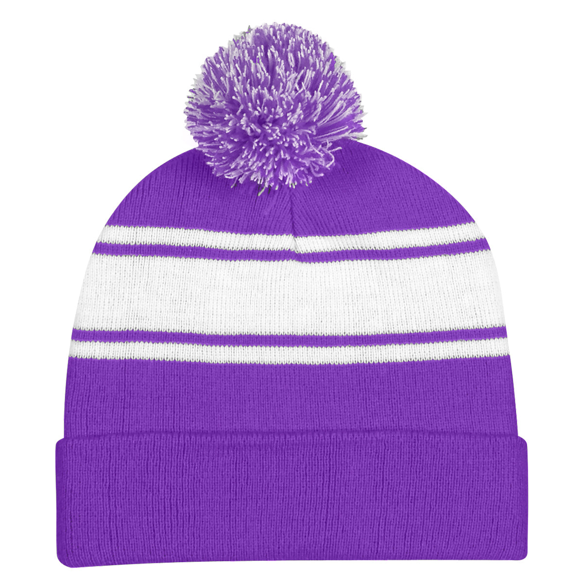Two-Tone Knit Pom Beanie With Cuff - Purple