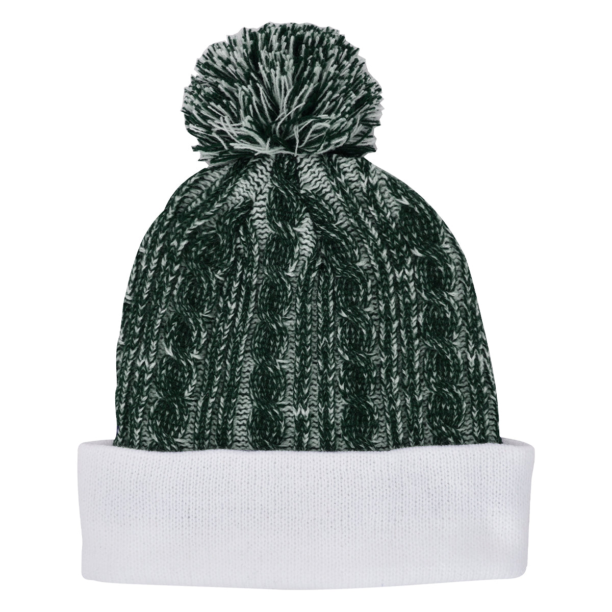 Casey Cable Knit Pom Beanie With Cuff - Forest Green