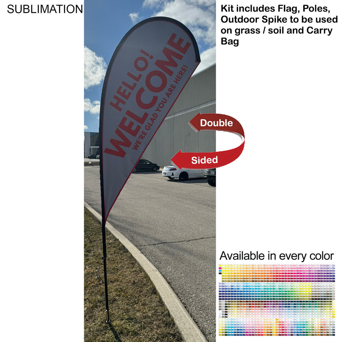 9' Small Tear Drop Flag Kit, Full Color Graphics, Outdoor Use Spike base and Bag Included
