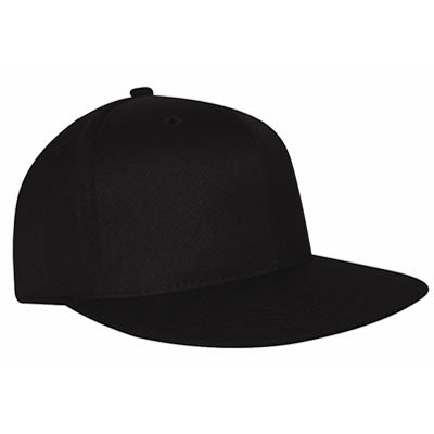 NU-FIT® "Flat" peak acrylic/spandex serge fitted cap - Custom Embroidered - Black