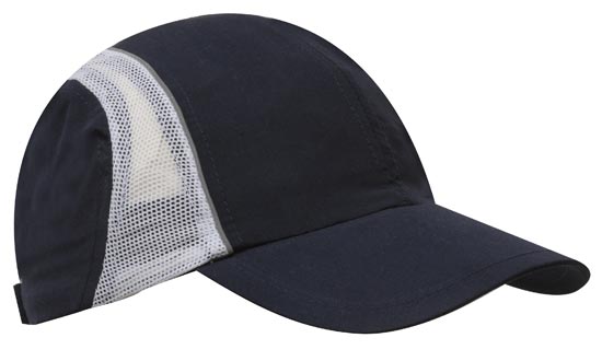 4 Panel Sports Cap with Mesh Inserts and Frabic Covered Touch Strap - Custom Embroidered - Navy With White