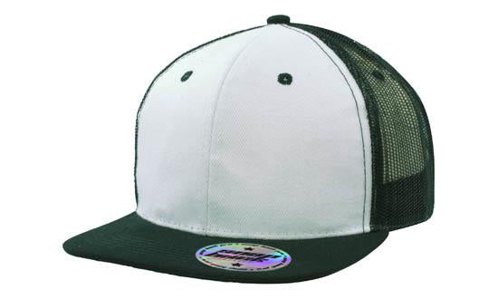 6 Panel Mesh Back Cap with Flat Peak - Custom Embroidered - White With Black