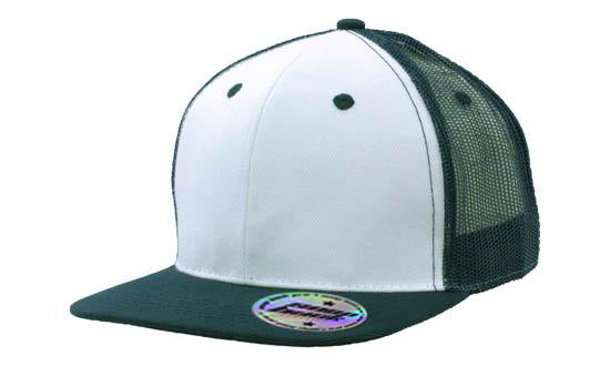 6 Panel Mesh Back Cap with Flat Peak - Custom Embroidered - White With Navy