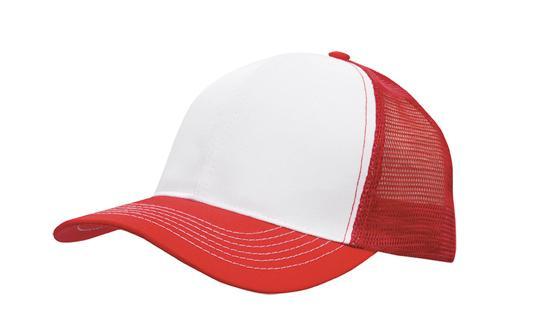 6 Panel Mesh Back Cap Breathable P-Twill - Custom Embroidered - White With Red