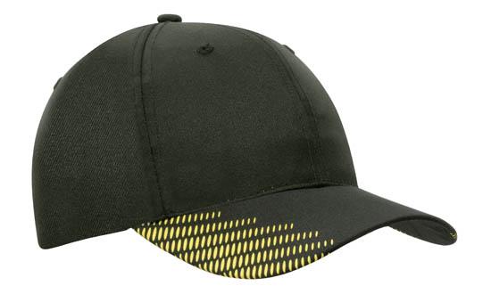 6 Panel Breathe P-Twill with Peak Print Cap - Custom Embroidered - Black With Gold And Red