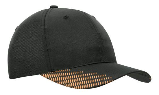 6 Panel Breathe P-Twill with Peak Print Cap - Custom Embroidered - Black With Orange