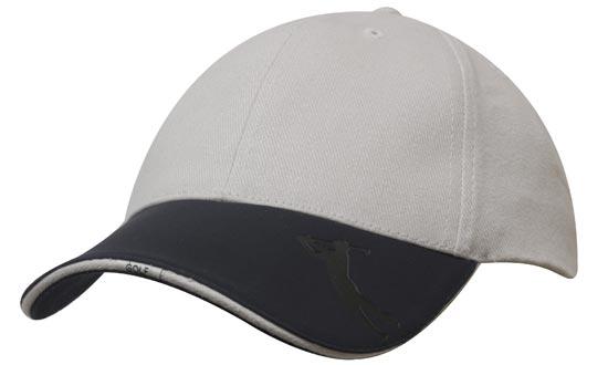 6 Panel BHC Golf Cap Embossed Peak - Custom Embroidered - Stone With Navy