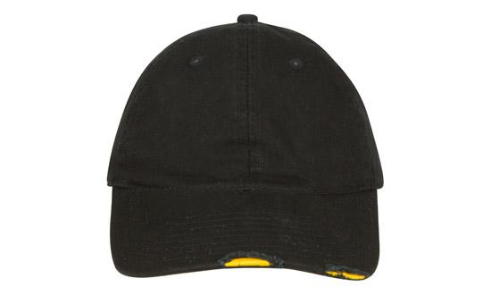 6 Panel Chino Cap with Distressed Peak - Custom Embroidered - Black With Gold