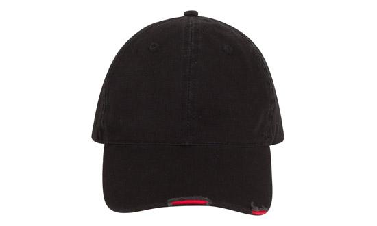 6 Panel Chino Cap with Distressed Peak - Custom Embroidered - Black With Red