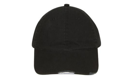 6 Panel Chino Cap with Distressed Peak - Custom Embroidered - Black With White