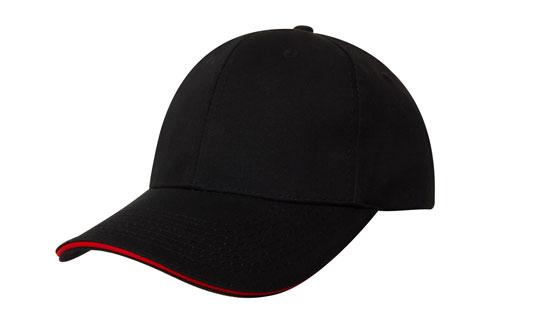 6 Panel Chino Twill Cap with Sandwich - Custom Embroidered - Black With Red
