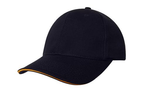 6 Panel Chino Twill Cap with Sandwich - Custom Embroidered - Black With Gold