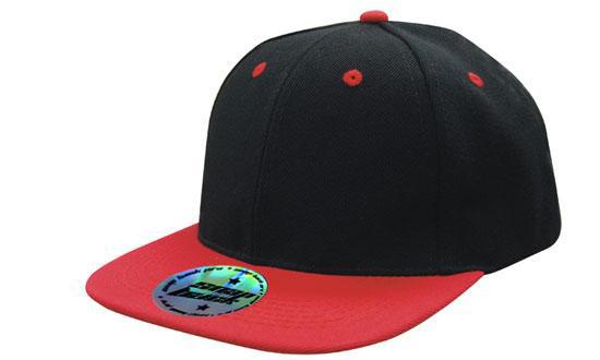 6 Panel Two Tone Flat Peak Cap - Custom Embroidered - Black With Red