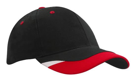 6 Panel BHC Cap with Peak Indent & Print - Custom Embroidered - Black With Red And White