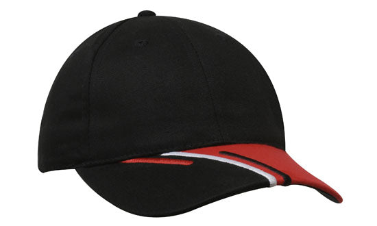 6 Panel Brushed Cotton Cap 3 Colour Peak - Custom Embroidered - Black With White And Red