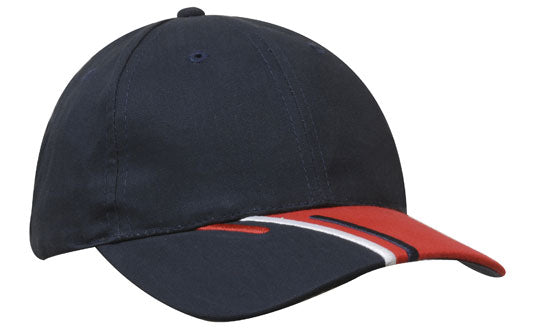 6 Panel Brushed Cotton Cap 3 Colour Peak - Custom Embroidered - Navy With White And Red