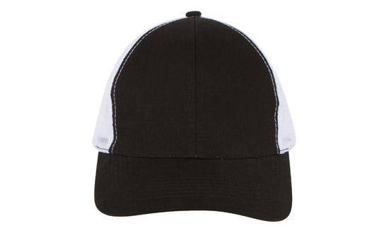 6 Panel Brush Cotton Cap with Mesh Back - Custom Embroidered - Black With White