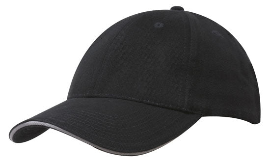 6 Panel Brush Heavy Cotton Sandwich Peak Cap - Custom Embroidered - Black With White