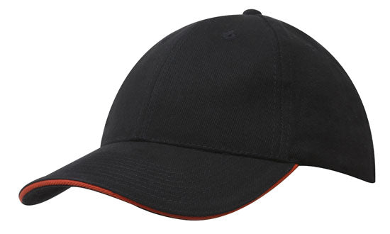 6 Panel Brush Heavy Cotton Sandwich Peak Cap - Custom Embroidered - Black With Orange