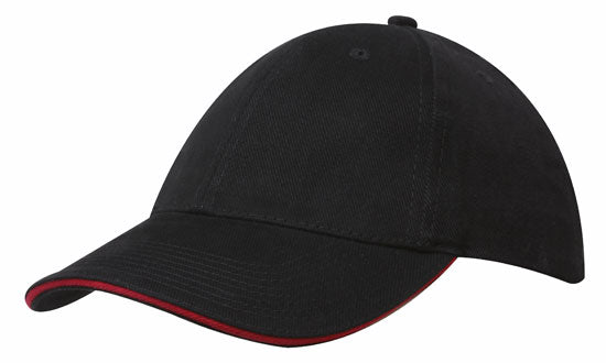 6 Panel Brush Heavy Cotton Sandwich Peak Cap - Custom Embroidered - Black With Red