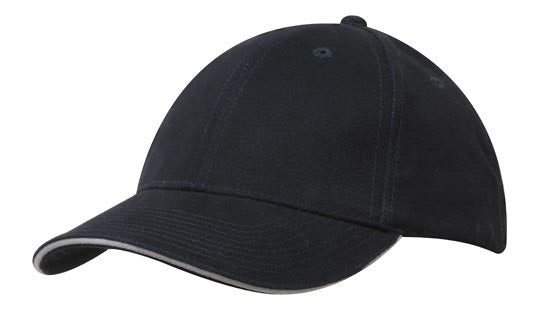 6 Panel Brush Heavy Cotton Sandwich Peak Cap - Custom Embroidered - Black With Gray