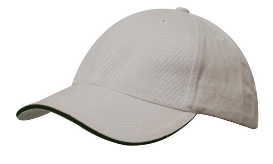 6 Panel Brush Heavy Cotton Sandwich Peak Cap - Custom Embroidered - Stone With Black