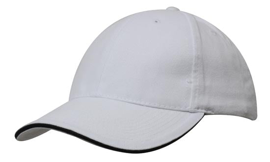 6 Panel Brush Heavy Cotton Sandwich Peak Cap - Custom Embroidered - White With Black
