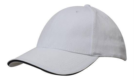 6 Panel Brush Heavy Cotton Sandwich Peak Cap - Custom Embroidered - White With Navy