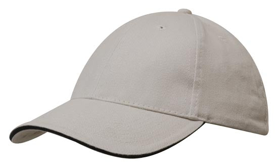 6 Panel Brush Heavy Cotton Sandwich Peak Cap - Custom Embroidered - Stone With Navy