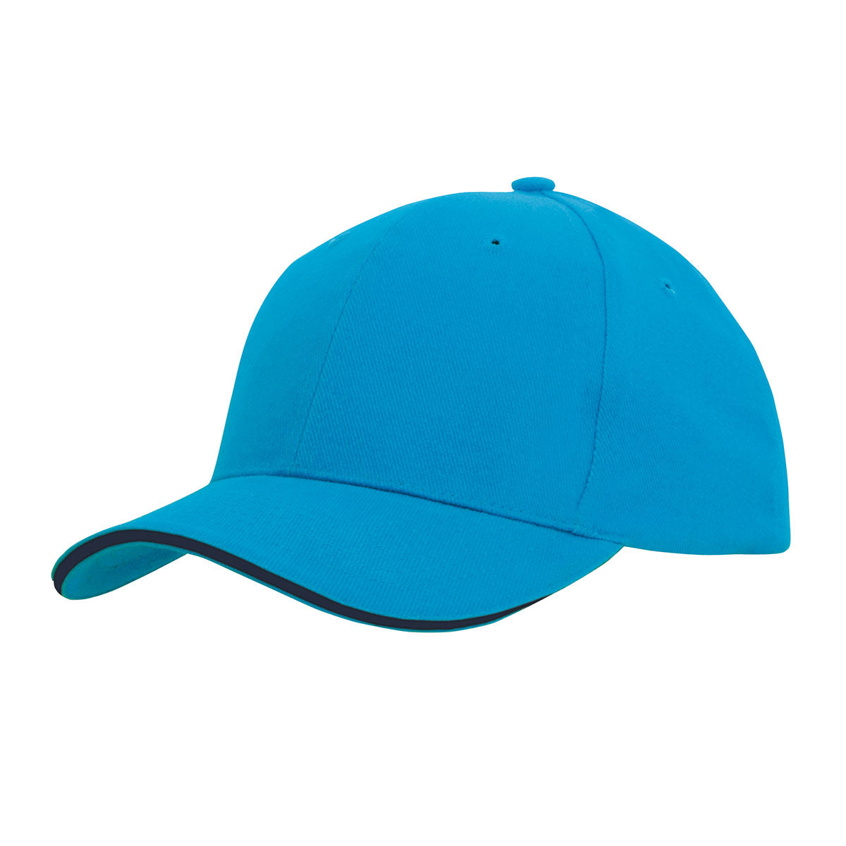 6 Panel Brush Heavy Cotton Sandwich Peak Cap - Custom Embroidered - Cyan With Navy