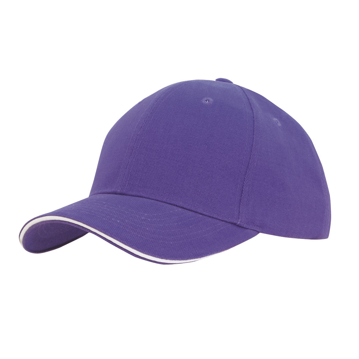 6 Panel Brush Heavy Cotton Sandwich Peak Cap - Custom Embroidered - Purple With White