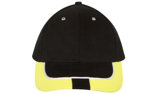 6 Panel HBC Reflective Trim-Tab On Peak Cap - Custom Embroidered - Black With Yellow