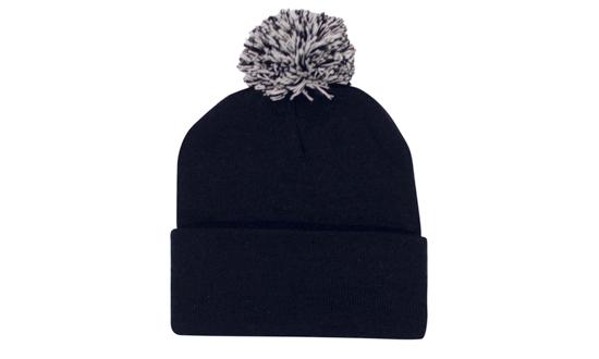 Knitted Acrylic Beanie with Pom Pom - Custom Embroidered - Black With White