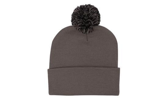 Knitted Acrylic Beanie with Pom Pom - Custom Embroidered - Charcoal With Black