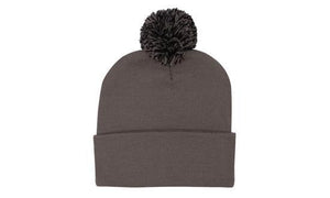 Knitted Acrylic Beanie with Pom Pom - Custom Embroidered - Charcoal With Black