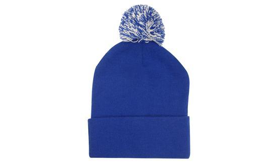Knitted Acrylic Beanie with Pom Pom - Custom Embroidered - Royal With White