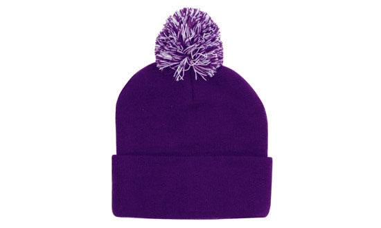 Knitted Acrylic Beanie with Pom Pom - Custom Embroidered - Purple With White