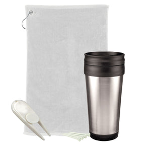 Golf Gift Set - Stainless Steel Tumbler - White Towel And White Divot Tool