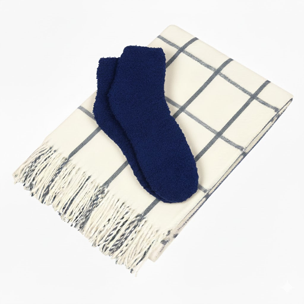 Charleston Throw & Fuzzy Socks Set - White With Gray/Royal Blue