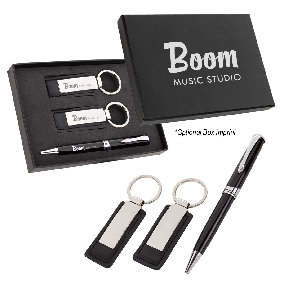 Executive Pen And Leatherette Key Tag Box Set - Silver/Matte Silver